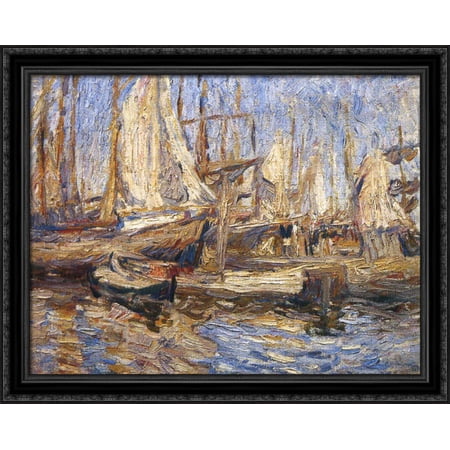 Arkhangelsk. Ships in port. 34x28 Large Black Ornate Wood Framed Canvas Art by Pyotr Konchalovsky
