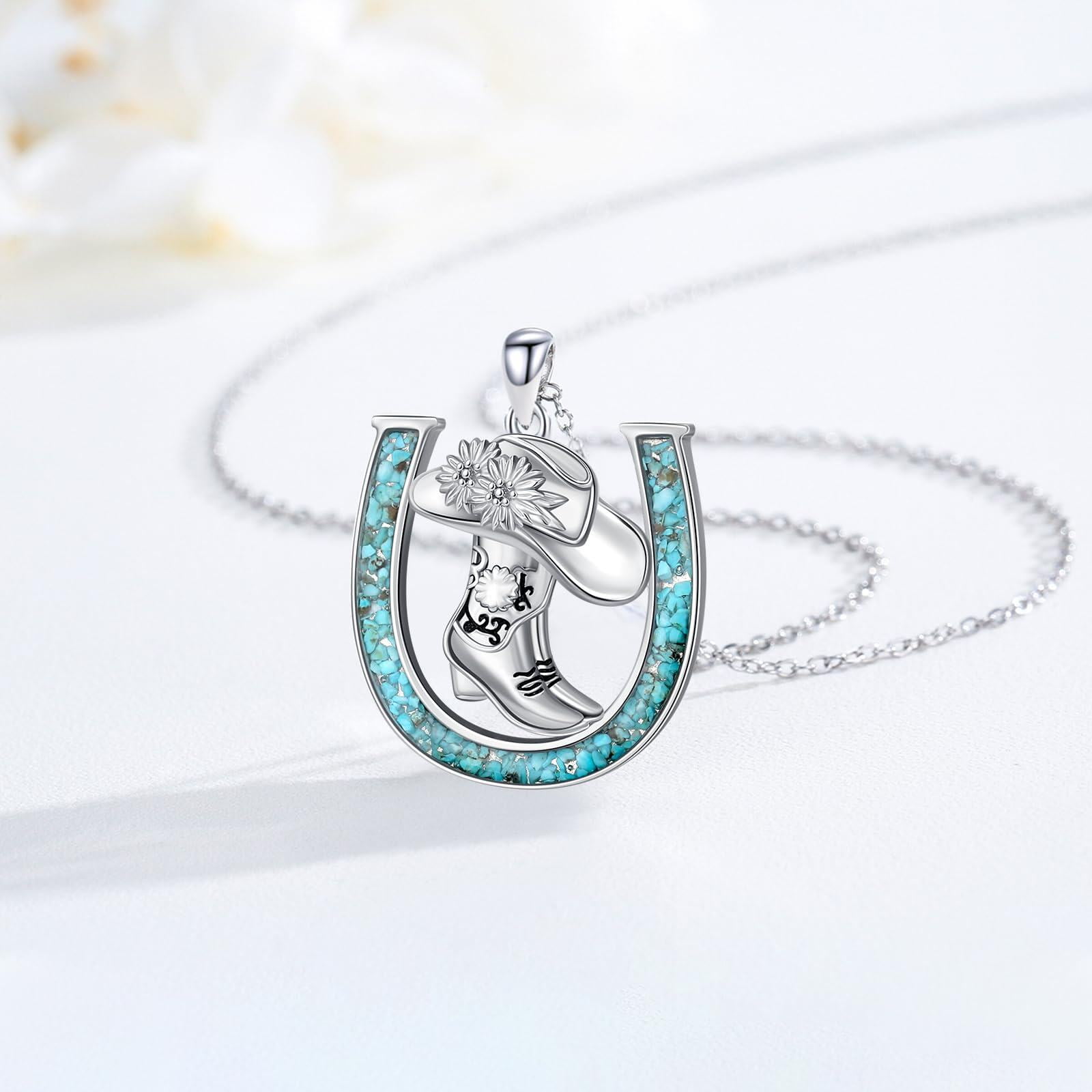 Coachuhhar Western Cowboy Necklace 925 Sterling Silver Boots Horseshoe Pendant Western Jewelry Cowgirl Gifts for Women Girlfriend Cowboy Cowgirl
