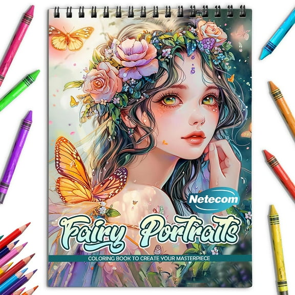 Netecom Fairy Portraits Coloring Book for Adults, Spiral Bound, Soft Cover