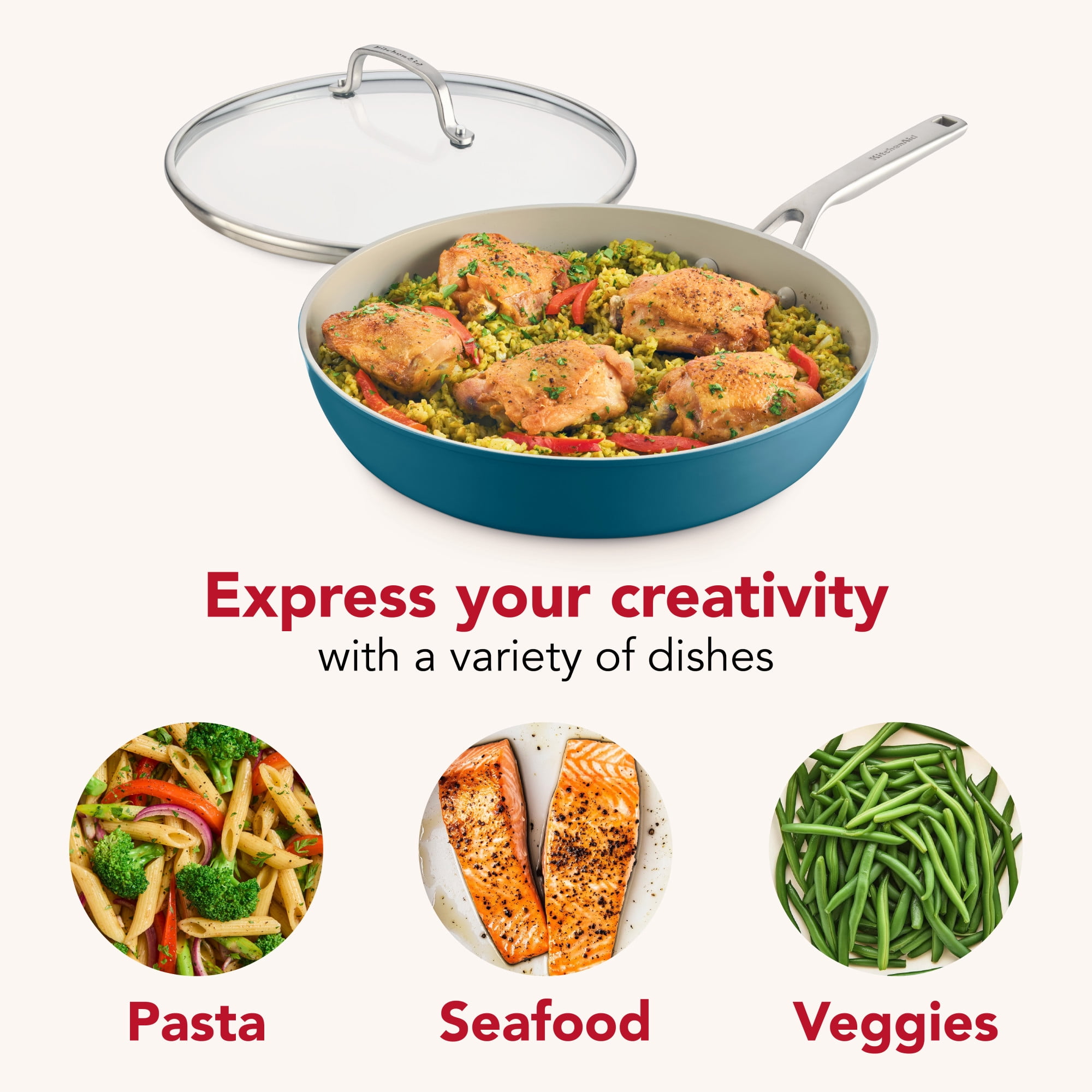 KitchenAid Hard-Anodized 12.25 Inch Ceramic Induction Skillet with Lid, Dishwasher Safe and Oven Safe to 500°F, Agave Blue