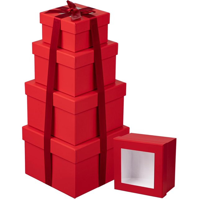 Square Gift Boxes with Lids for Presents Small Red Gift Boxes with Clear Window Nesting Gift Boxes Set of 4 Flower Boxes for Arrangements, Mother's Day