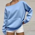 thumbnail image 5 of WAYUTE Sweatshirt for Women Off The Shoulder Sweatshirt Drop Shoulder Long Sleeve Front Pocket Oversized Tunic Top Solid Color Fall Pullover Casual Daily Wear,Light Blue,XL, 5 of 6