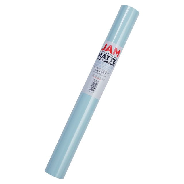 JAM Paper Matte Wrapping Paper, 26.3 Sq ft (17 in x 18 Ft), Light Baby Blue, 1/Pack