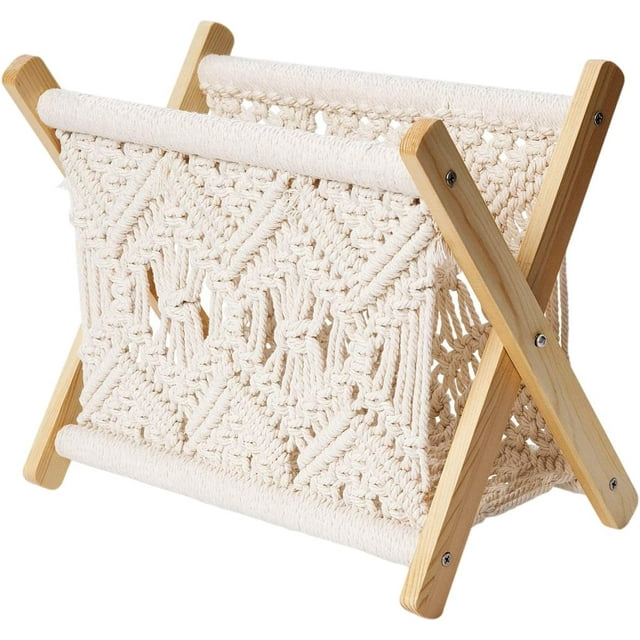 Cestas para revistas con diseño de tela de cuerda de algodón y madera de macramé, estantes de almacenamiento bohemios para libros, periódicos, baño, decoración del hogar