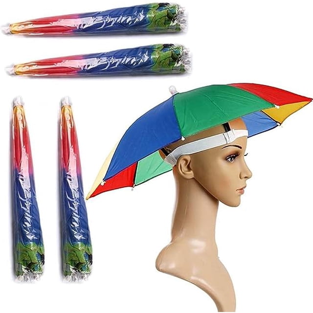 Sombrero de paraguas de 4 piezas, gorra de adulto arcoíris, manos multicolores con correa para la cabeza, sombrero de pesca elástico impermeable plegable de 21 "de diámetro para el sol, la lluvia