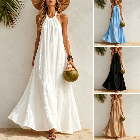 Joernso Women Halter Neck Maxi Linen Dress, Sleeveless A-Line Loose Casual Long Dress, Summer Flowy Vacation Beach Sundress