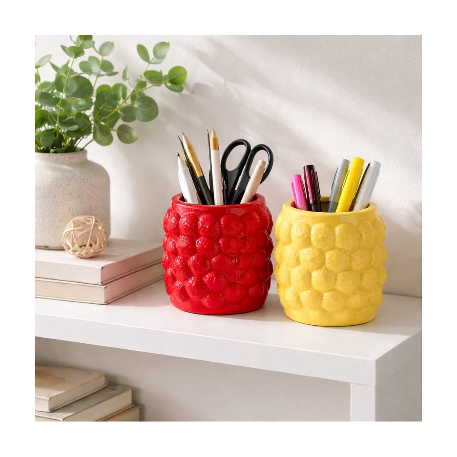 Modern Ceramic Pencil Cup for Desk and Desktop Organization - Small Ceramic Desk Storage Organizer for Office Workspace - Decorative Accessory for Home Decor Display - Set of 2, 4", Red & Yellow