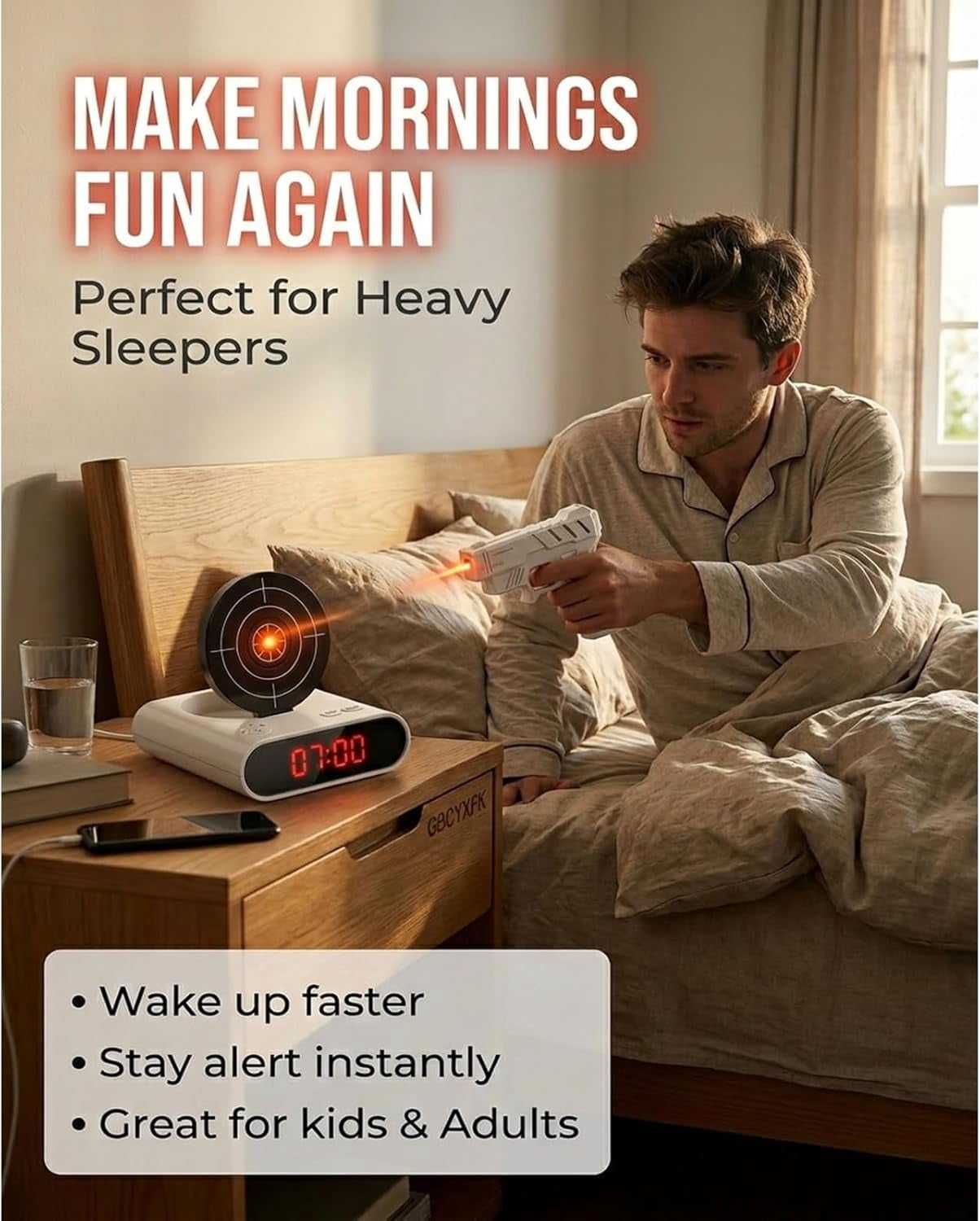 Gun and Target Alarm Clock, Interactive Shooting Game Wake-Up Clock, Digital Shot Timer with 2 Alarm Modes & LED Display, Personalized Runaway Clock for Heavy Sleepers Bedroom Home (Black)