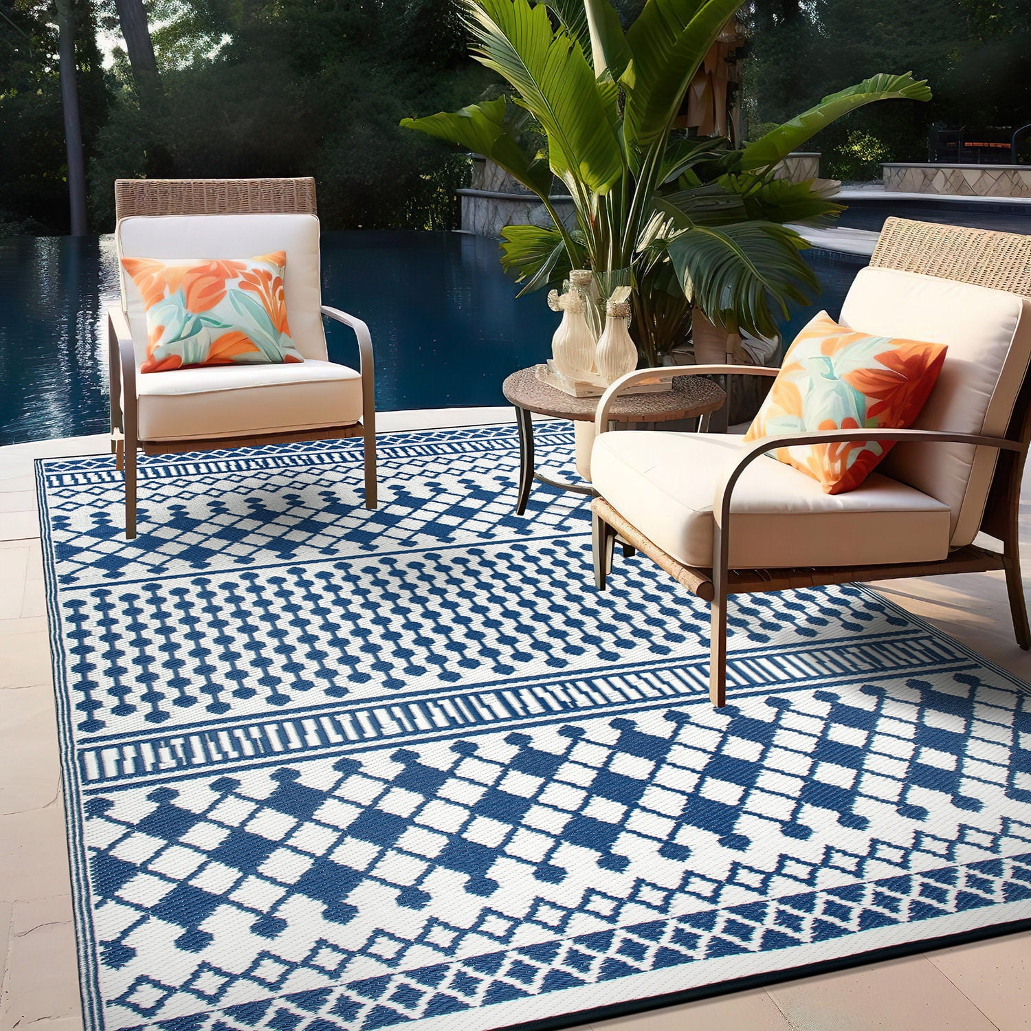 World Rug Gallery Contemporary Bohemian Geometric Reversible Recycled Plastic Outdoor Picnic Mat, Camping Rug, RV Rug - BLUE 5'x7'
