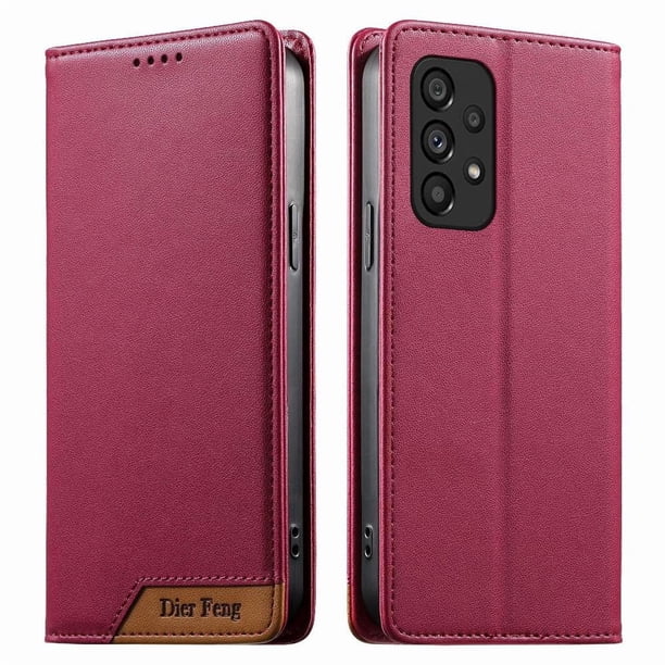 Funda Tipo Cartera de Cuero Sintético para Samsung Galaxy A53 5G Bloqueo RFID, con Ranuras para Tarjetas y Bolsillo para Efectivo, Cierre Magnético Fuerte Rojo