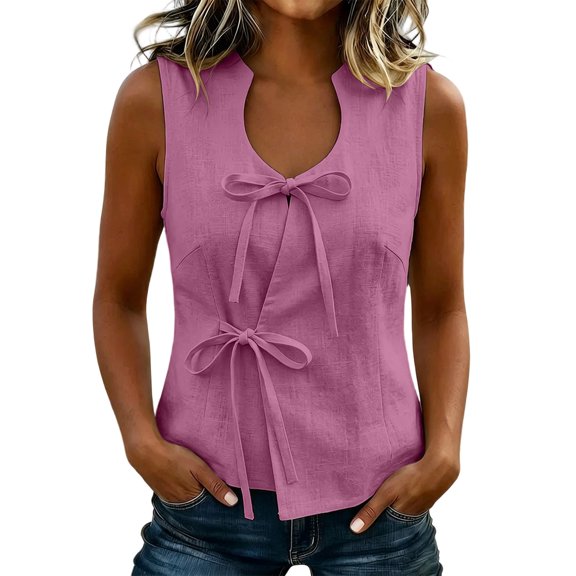 Cilsoka Women's Summer Sleeveless Cotton Linen Tank Tops 2026 Tie Front V Neck Wrap Tank Tops Split Front Dressy Going Out Top Shirt