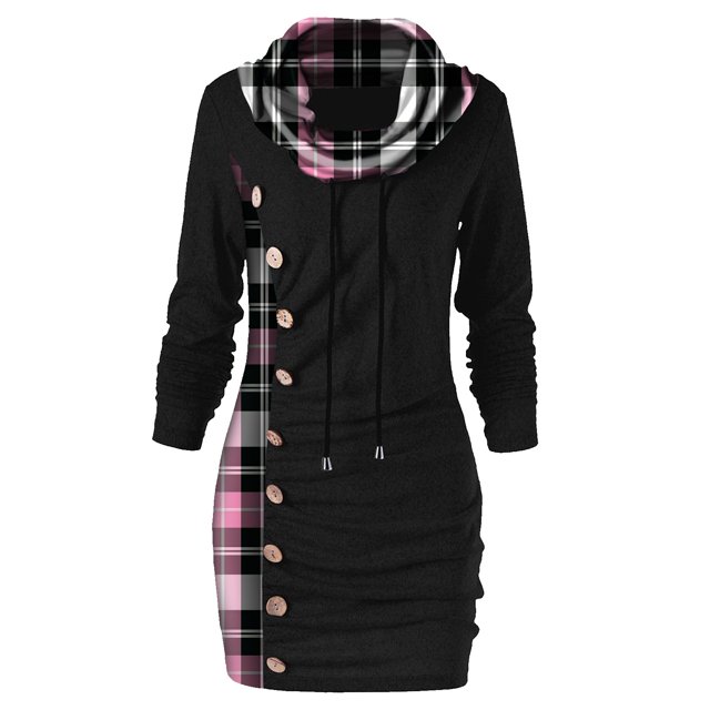 Dress For Women Plaid Button Collar Drawstring Stitching Tops Tunic Casual Long Sleeve Pullover Shirts
