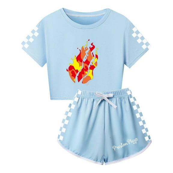 Girls Preston Playz Game Apparel – Flame Graphic Crop Tee and Casual Shorts Set Summer Outfit for Young Fans