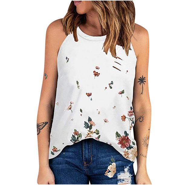 Moda para mujer cuello redondo cuello halter estampado chaleco un hombro sin mangas Tops Fridja qr4199