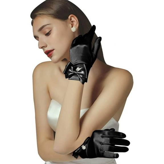 YooGuoGuo Women's Fancy Wrist Length Satin Gloves Bow Pearl Short Satin Opera Tea Party Gloves