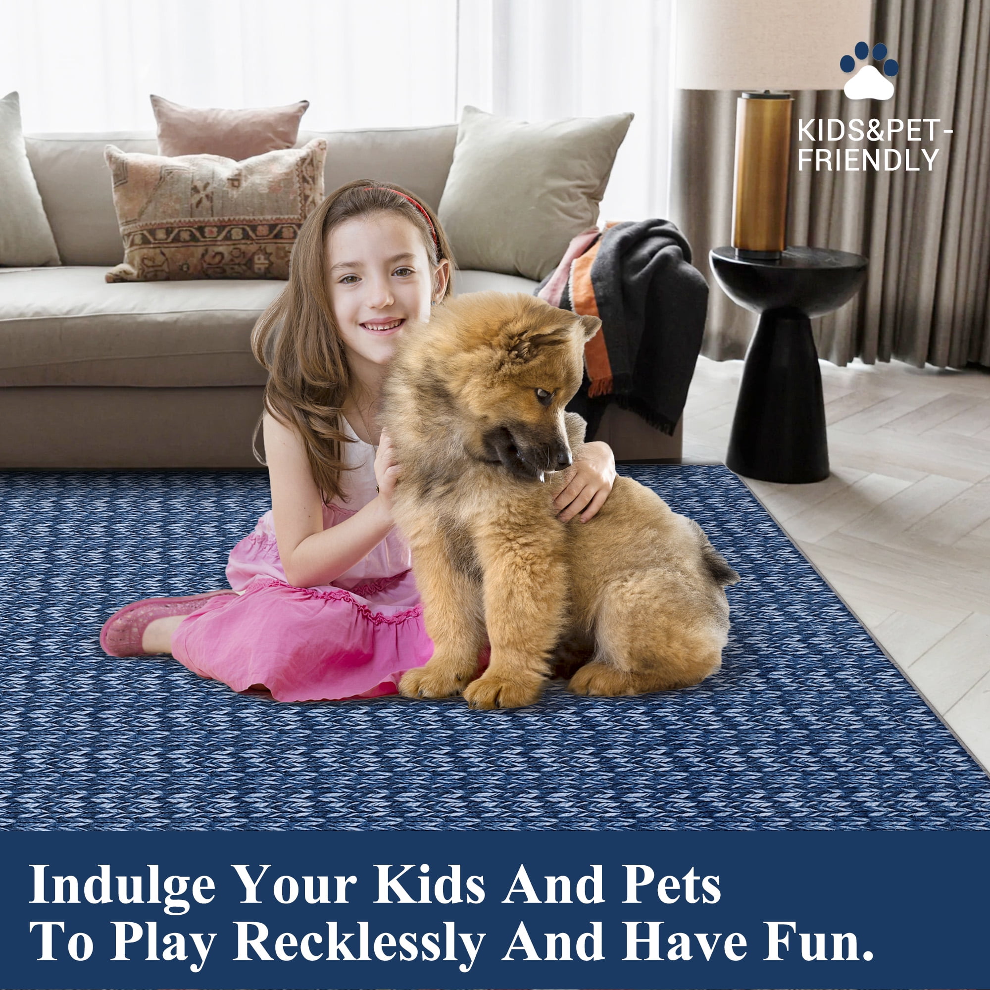 Garvee 10'x13' Large Modern Braided Print Area Rug Low Pile Non Slip Area Rugs for Living Room Bedroom, Navy Blue