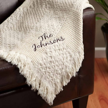 Personalized Planet Textured Block 2-Layer Woven Cream Throw Blanket with Block Font Personalization Embroidered