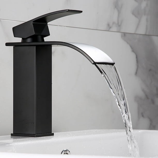 Grifo de lavabo en cascada negro, grifo de baño con carrete de cerámica, agua fría y caliente disponible, grifos mezcladores de lavabo para baño