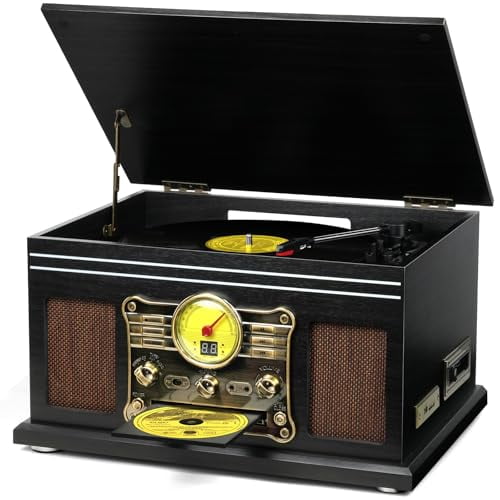 FEKTIK Tocadiscos Bluetooth 10 en 1, TOCADISCOS FEKTIK de 3 velocidades para vinilo con parlantes, convertidor de LP a MP3, CD, reproductor de casetes, radio FM, transmisión inalámbrica | Negro