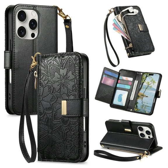 Floral Embossed Zipper Wallet Case for iPhone 16 Pro Max, Soft TPU and PU Leather with Shoulder Strap & Wrist Strap & Card Slots & Kickstand & Magnetic Clasp, Shockproof Rugged Case Cover, Black