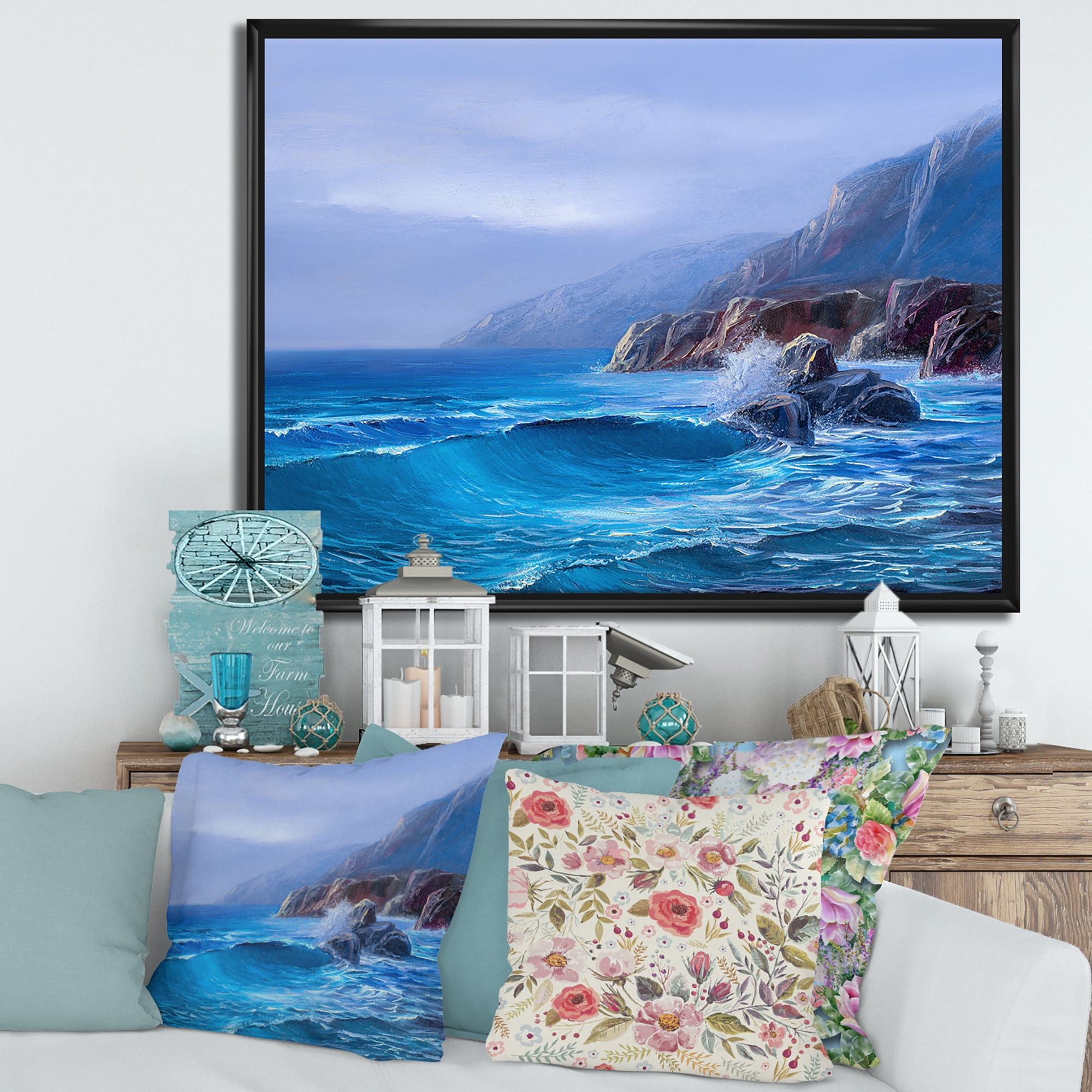Designart 'Sunrise Glow On Sea Wave Paints On A Canvas' Nautical & Coastal Framed Canvas Wall Art Print