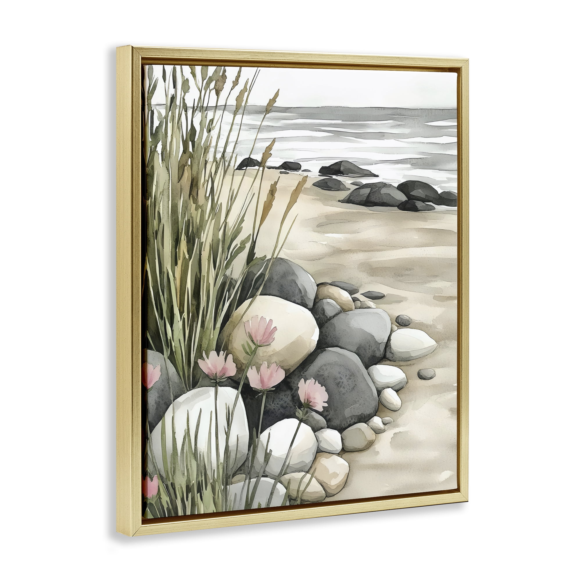 Stupell Industries Coastal Calm Pebbles Gold Framed Floater Canvas Wall Art, design by Riley B