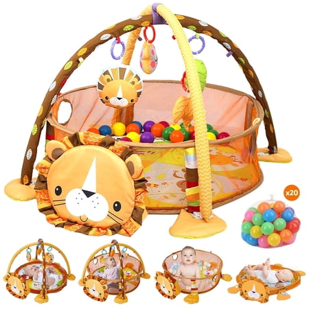 UQN 3-in-1 Baby Play Gym Baby Play Activity Mat with Ocean Ball Sensory Toys Gift for Newborn Infant Toddlers 0-36 Months Yellow Lion