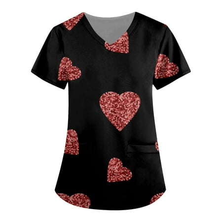 

Valentine s Day Printed Scrub Tops for Women Breathable Love Heart Pattern V-Neck T-Shirts Tee Scrubs Top with Pockets