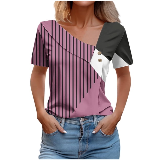 Tops de Algodón para Mujeres Cuello en V Casual de Manga Corta, Imitación Algodón Primavera Y Blusa de Verano