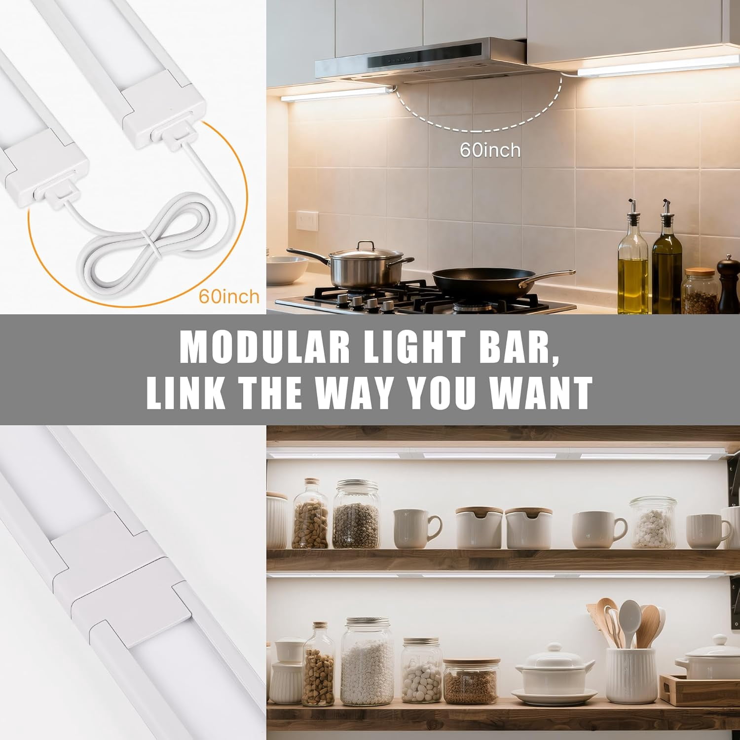 3 Pack Plug in Under Cabinet Lighting for Kitchen, 6500k Bright Counter Lights Shelf/Workbench/Bookshelf/Over Sink, 14inch Linkable 110V LED Light Bar