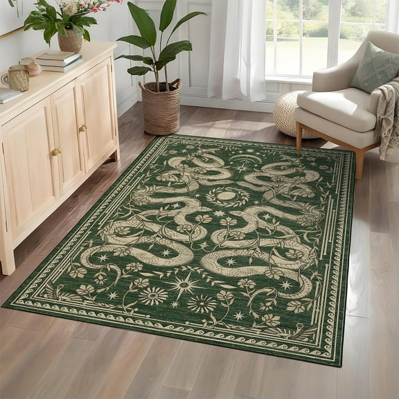 Tzou Snakes & Floral Washable Rug 5x7ft, Non-Slip Low-Pile Area Rug for Living Room, Stain-Resistant Machine Washable Carpet in Dark Grey/Blue/Green/Beige