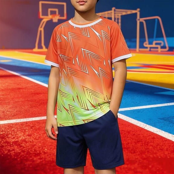 Amidoa Boys Athletic Shorts Set 2 Piece Quick-dry Performance T-Shirt and Elastic Waist Active Shorts Outfit Orange Size 4T