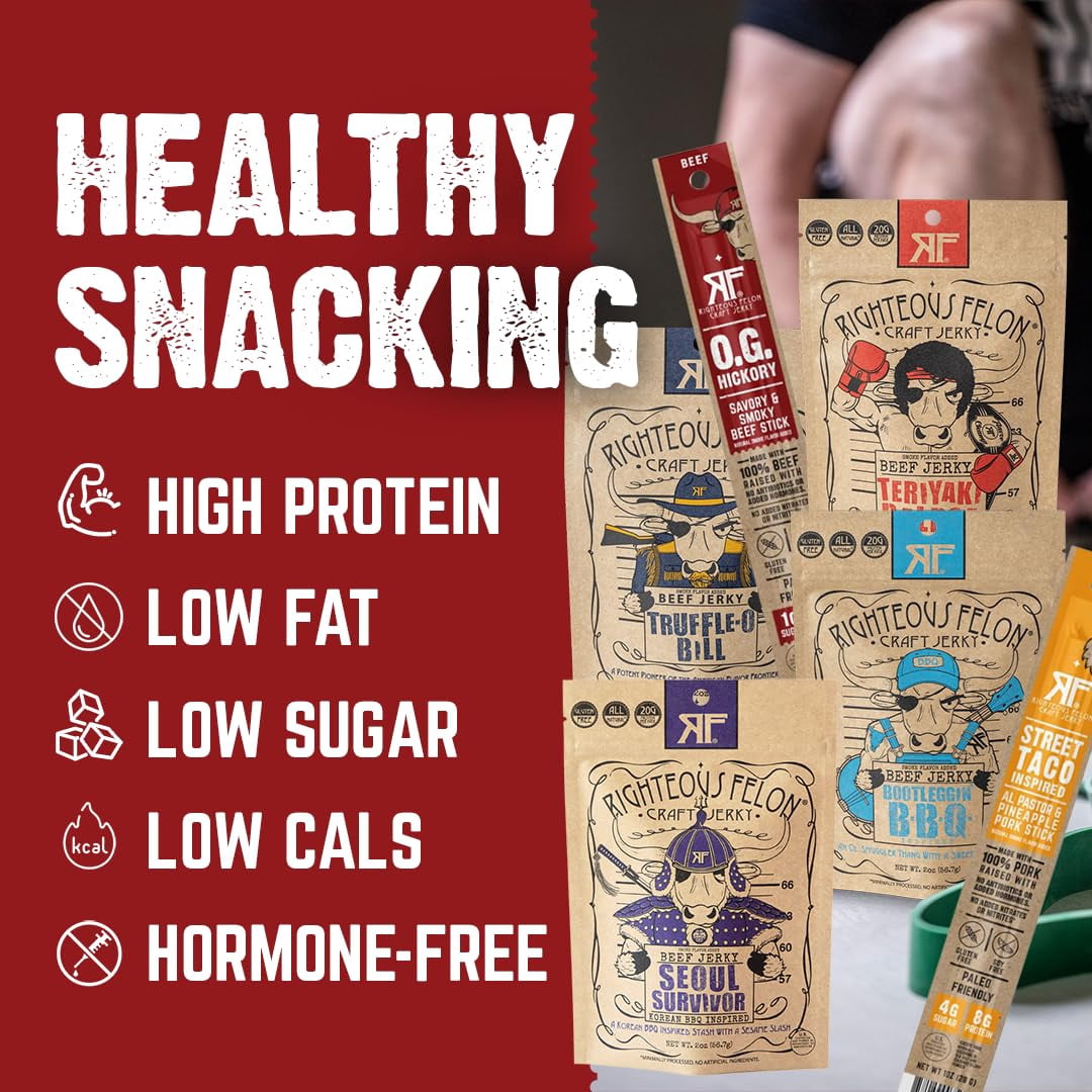 Righteous Beef Jerky Variety Pack Gift Basket - Great Gifts for Men - Gluten Free, High Protein Healthy Snack - Beef, Pork