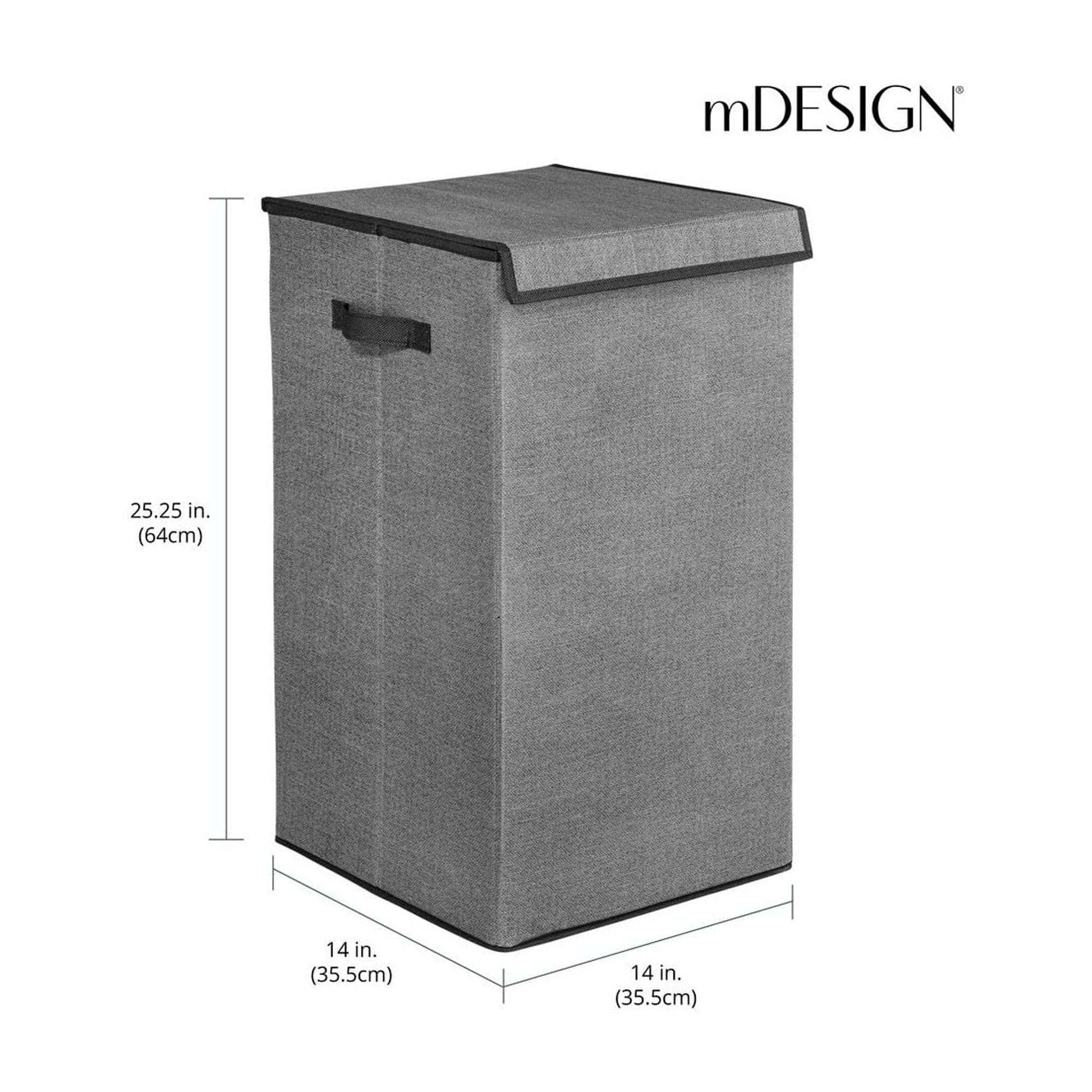 mDesign Large Laundry Hamper Basket with Hinged Lid and Attached Handles - Portable and Foldable for Compact Storage - Single Hamper Design, Textured Print with Solid Trim - Charcoal/Black