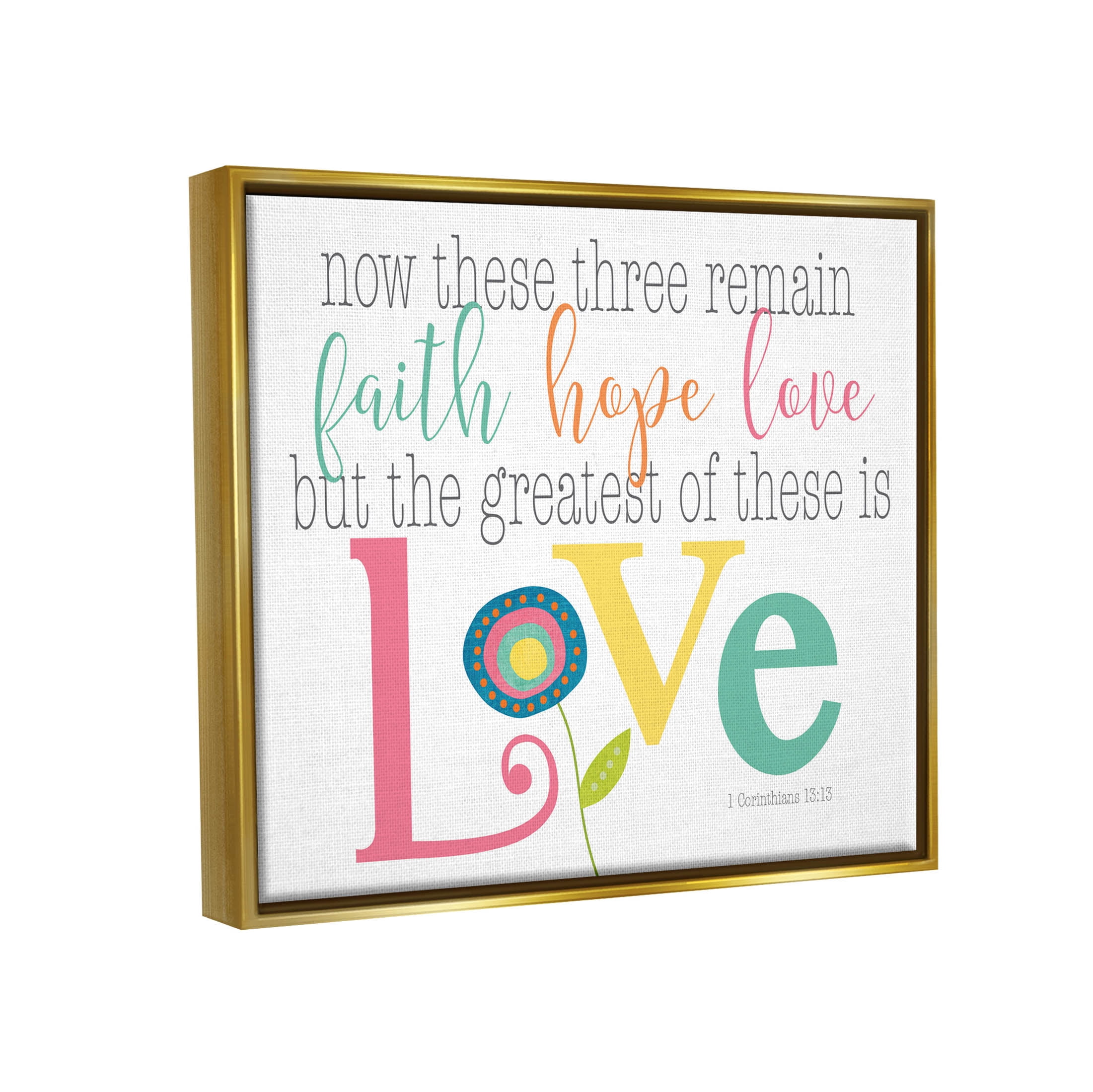Stupell Industries Faith Hope Love Whimsical Floral Graphic Art Metallic Gold Floating Framed Canvas Print Wall Art, Design by Alli Rogosich
