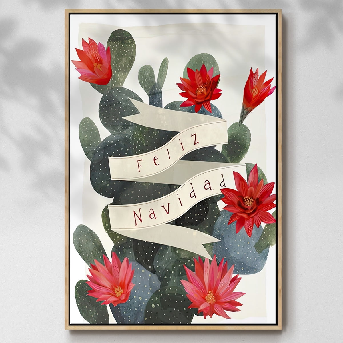 Desert Christmas Cactus I - Framed Gallery Wrapped Holiday Canvas - 17 x 25 - Natural Wood Frame
