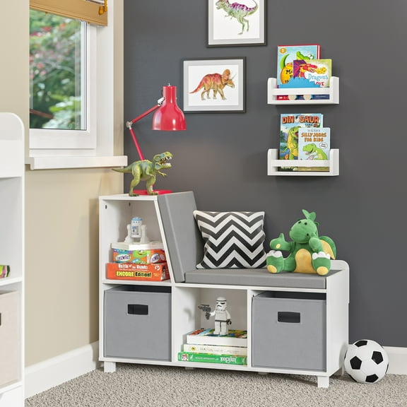 RiverRidge Kids Book Nook Toy Storage Bench with Cubbies, Cushion, and 2 Floating Shelves