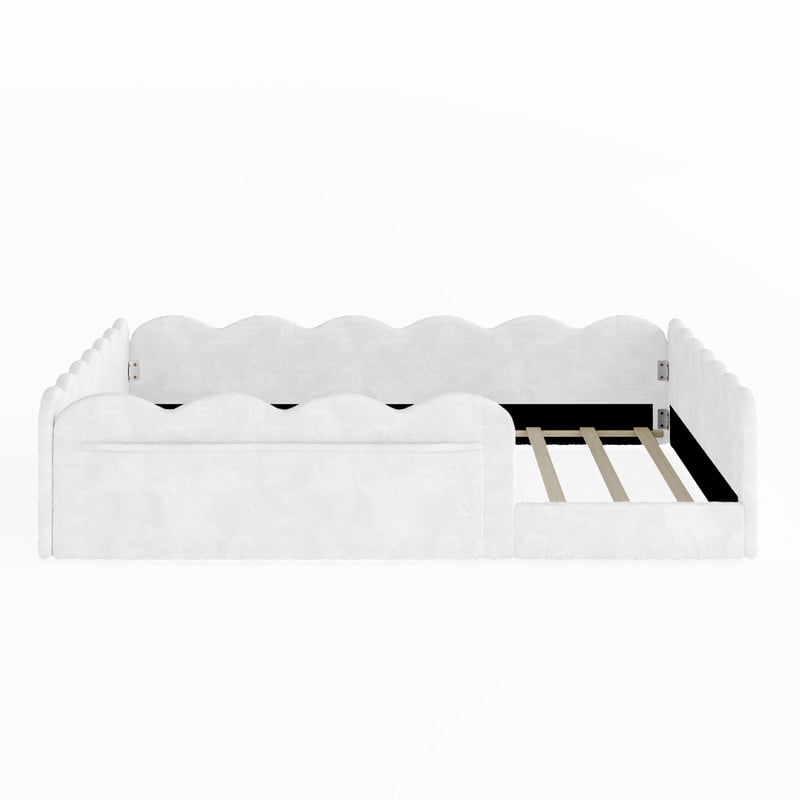 Full Size Upholstered Floor Bed, Faux Rabbit Fur Daybed Frame with 2 Storage Pockets, Kids Bed with Wavy Design Fence