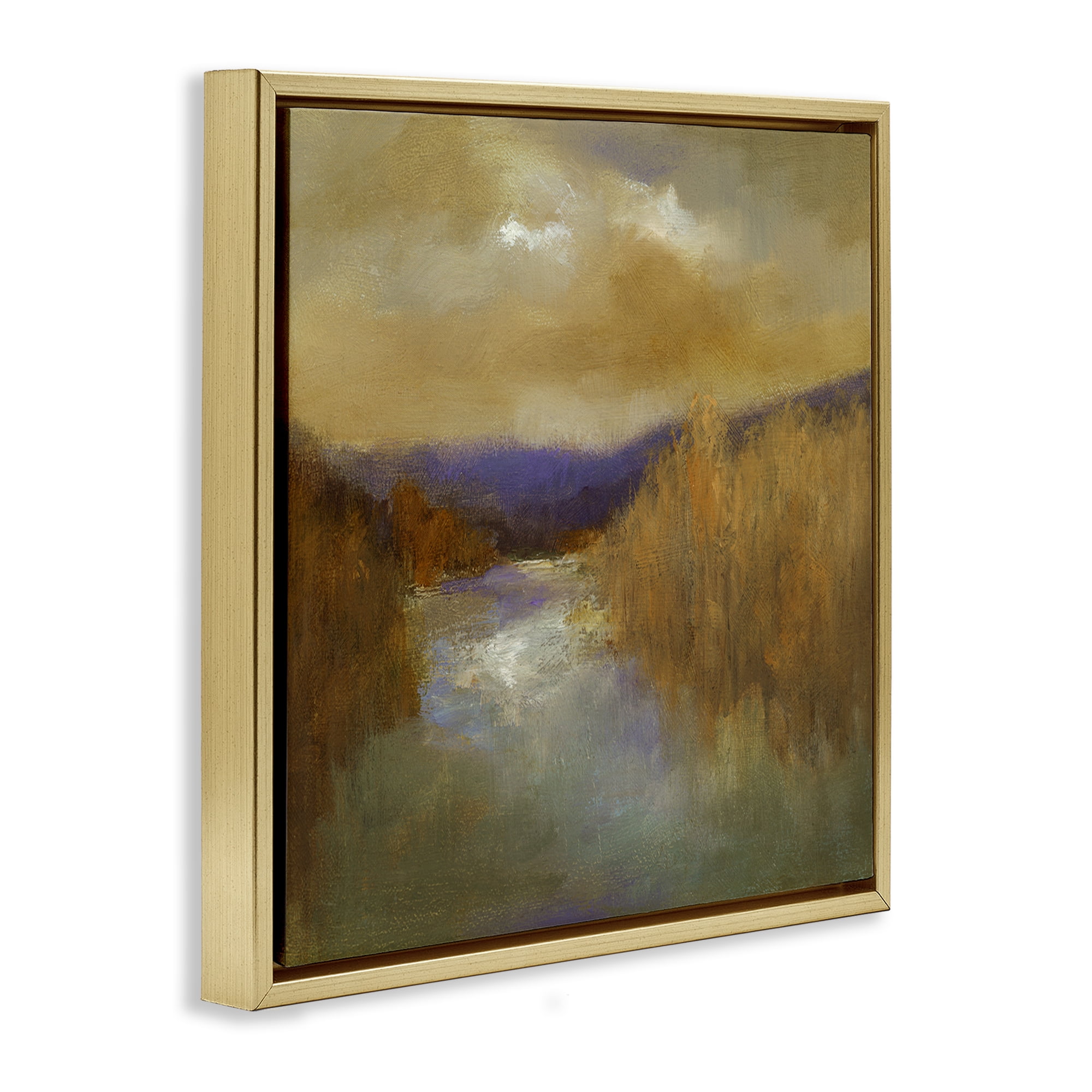Stupell Industries Moody Shadowed River Landscape & Nature Painting Gold Floater Framed Canvas Art Print Wall Art, 25 x 25
