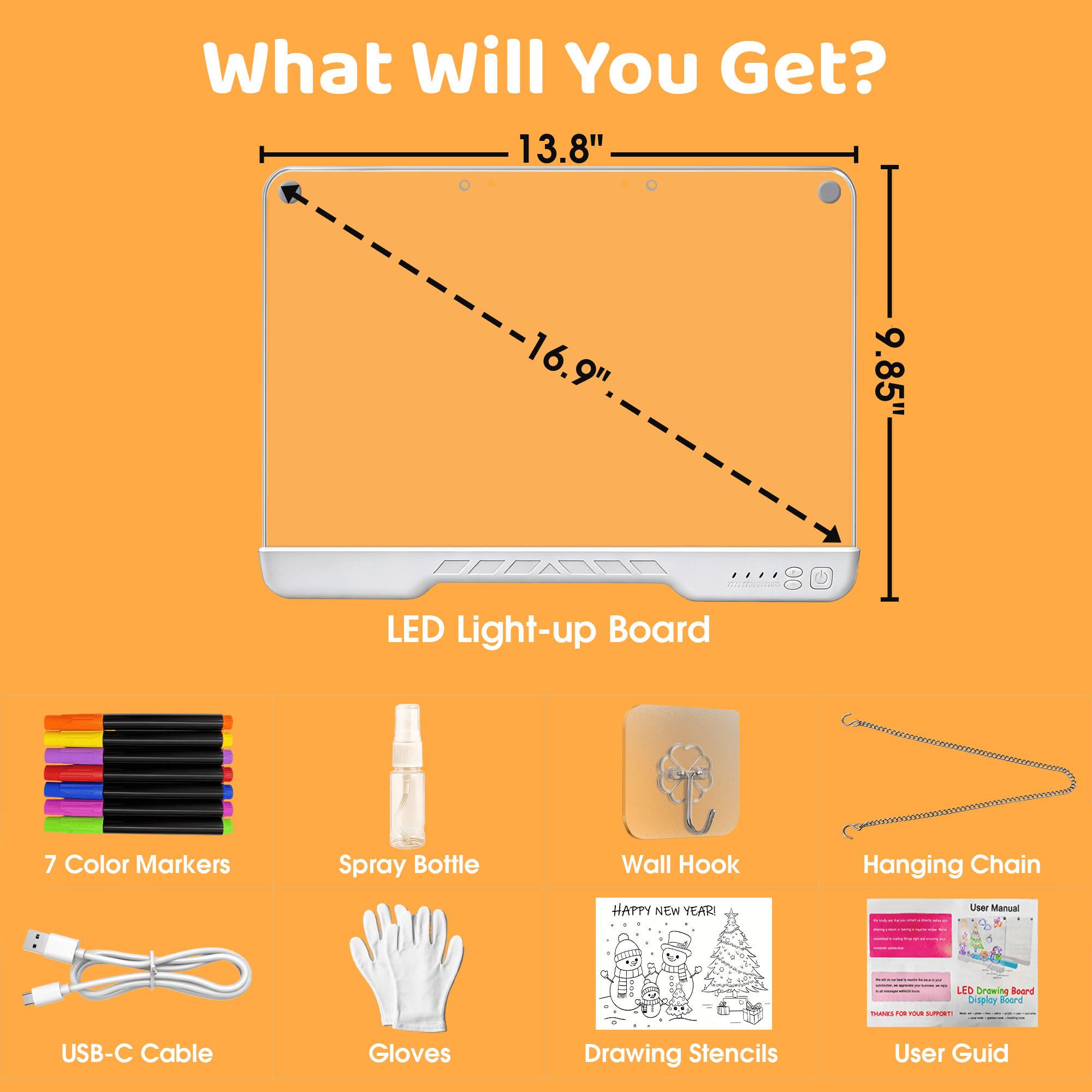 LED Light Up Drawing Board Erasable Acrylic Message Board, 7 Color Light Modes Rechargeable Glow Writing Board with Markers, Stand & Hanging Kit for Kids Holiday Decor Bar Sign