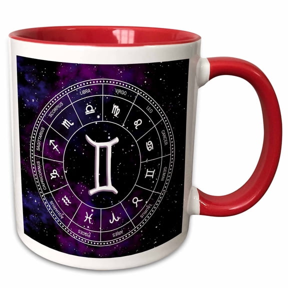 3drose, Gemini Zodiac Sign Stylish Astrology Gift. White Stars, Purple Space, 11oz Two-tone Red Mug
