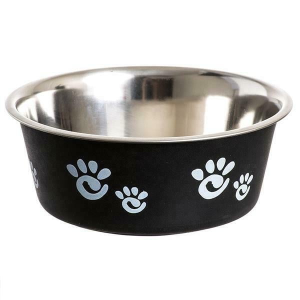 Pawprint Dog Bowls Stainless Steel Pet Dishes Choose Red Black or