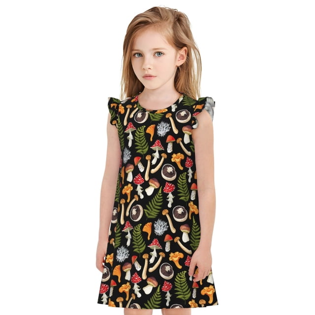 Fotbe Mushrooms Vestido de Dormir para Niñas de 3 a 10 Años, Mangas Cortas, Estilo Princesa, Pijama Camisón con Mangas Voladas-Small