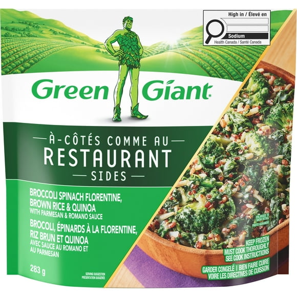 GREEN GIANT RESTAURANT SIDES BROCCOLI SPINACH FLORENTINE, HEARTY, PREMIUM VEGETABLES WITH SAVOURY TASTES. READY TO SAUTÉ IN SKILLET TO PROVIDE RESTAURANT-LIKE EXPERIENCE RIGHT AT HOME. MOUTHWATERINGLY DELICIOUS FLAVOURS, PERFECT AS A SIDE DISH TO ANY MEAL.