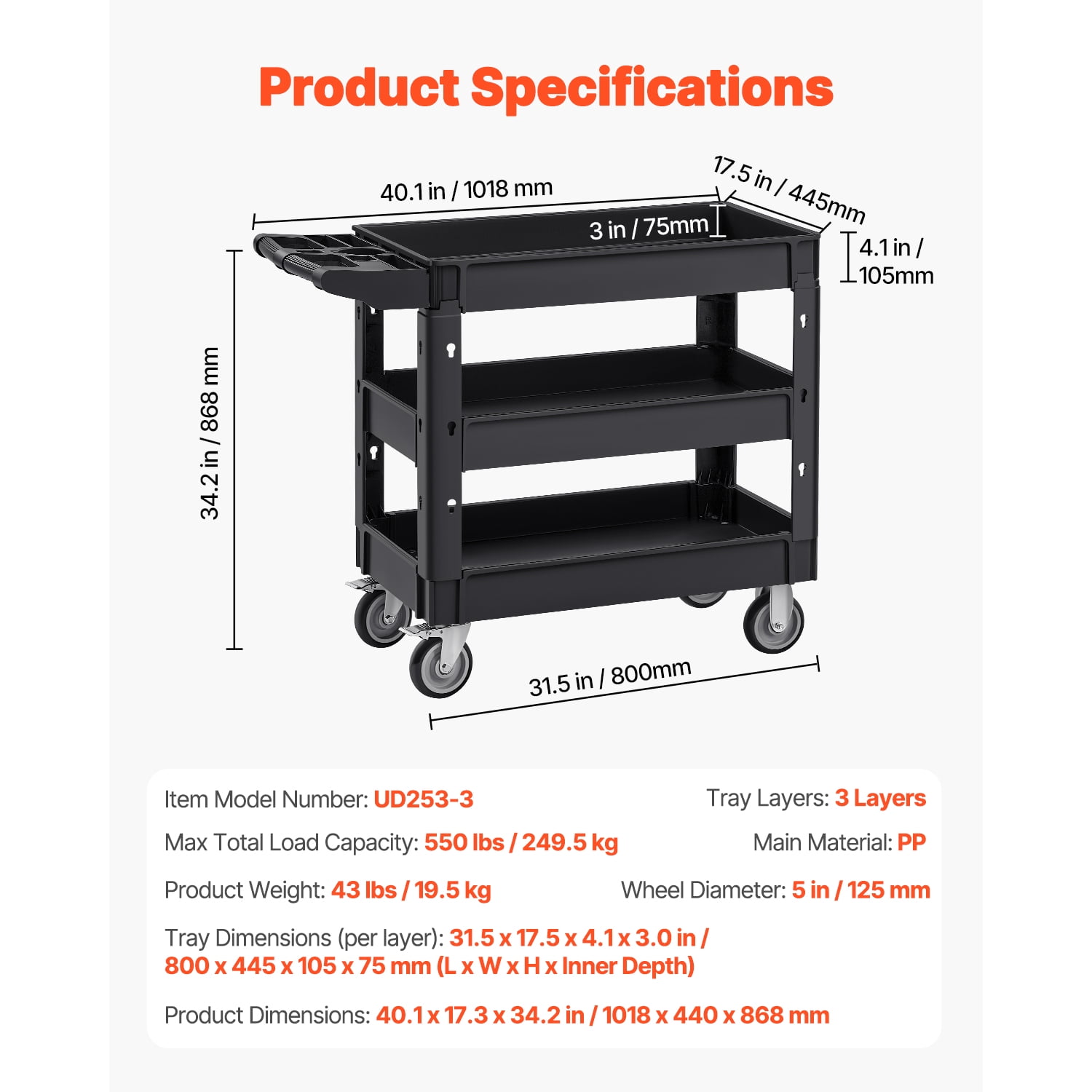 3-Shelf Utility Cart 550 lbs Capacity 5 Inch Lockable Swivel Wheels Polypropylene for Warehouse Garage Office