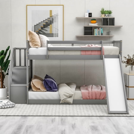 Solid Wood Twin Over Twin Low Bunk Bed with Two Drawers  Slide  3-step Handrail Stairway with Storage  Ladder Stairway  Space-Saving Bedroom Dormitory Furniture  Gray
