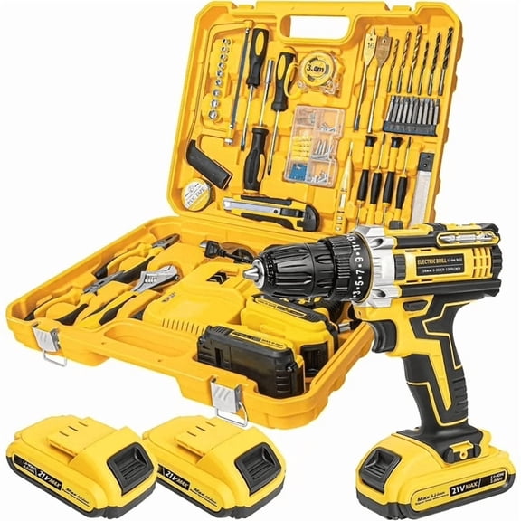 21V Tool Kit with Drill, 120PCS 21V Cordless Drill Set with 3/8" Keyless Chuck of Metal & 25 3 Clutch with Impact, 2 x 2.0Ah Battery & Fast Charger, Max Torque 45Nm, 2-Variable Speed