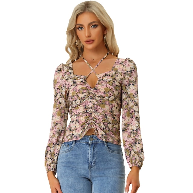Blusa con estampado floral de manga larga con cuello halter entrecruzado para mujer Rosa M