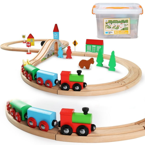Set de tren de madera SainSmart Jr. para niños pequeños con doble cara