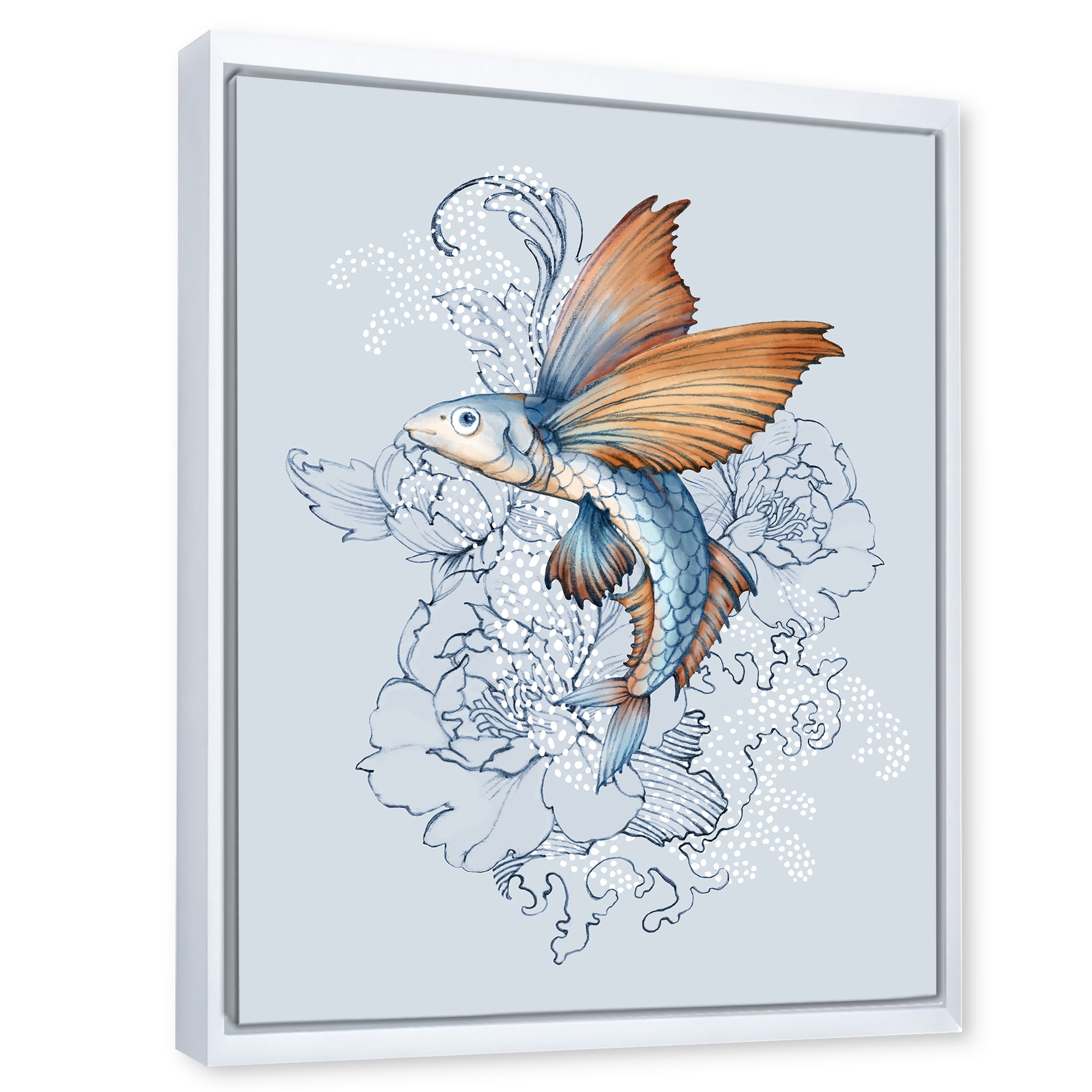Designart 'Flying Fish and Peonies' Traditional Framed Canvas Wall Art Print